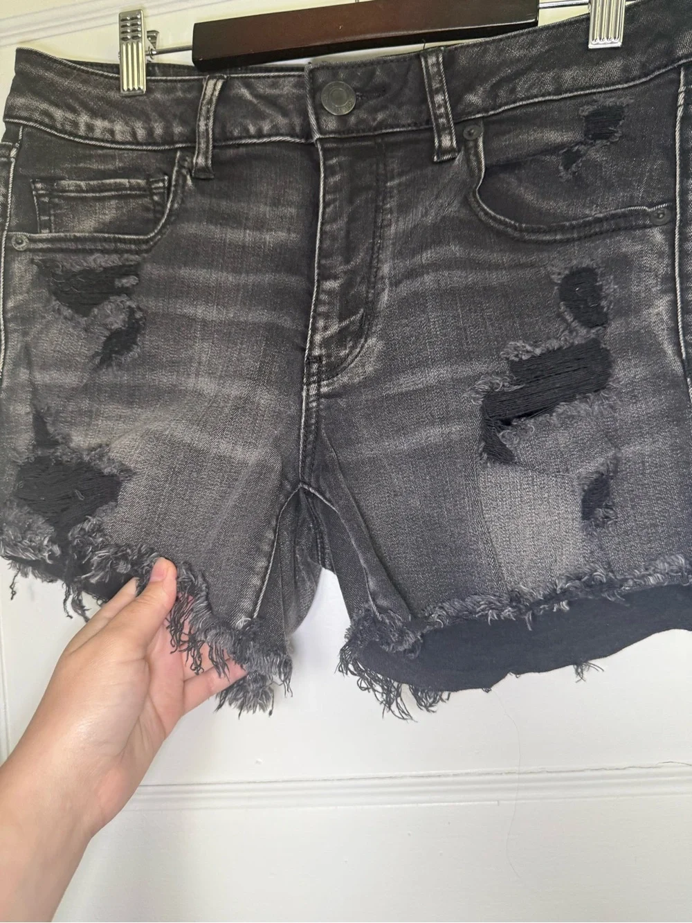 American Eagle Next Level Stretch Distressed High Rise Denim Shortie Shorts 12